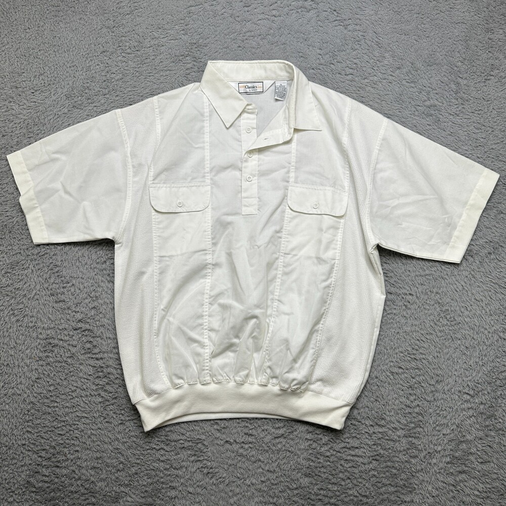 Classics By Palmland Polo Shirt Mens XL White Banded Bottom Pockets Knit